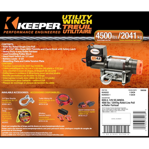 Keeper Utility Winch, 12V DC 4500lbs W/Integrated Sealed Solenoids, Wire Rope KU45032 - main